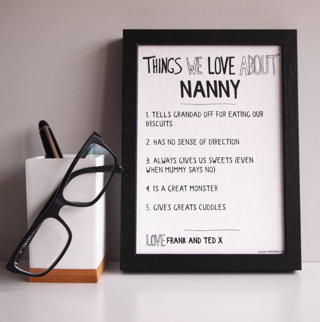 A framed list of 'Things We Love About Nanny'