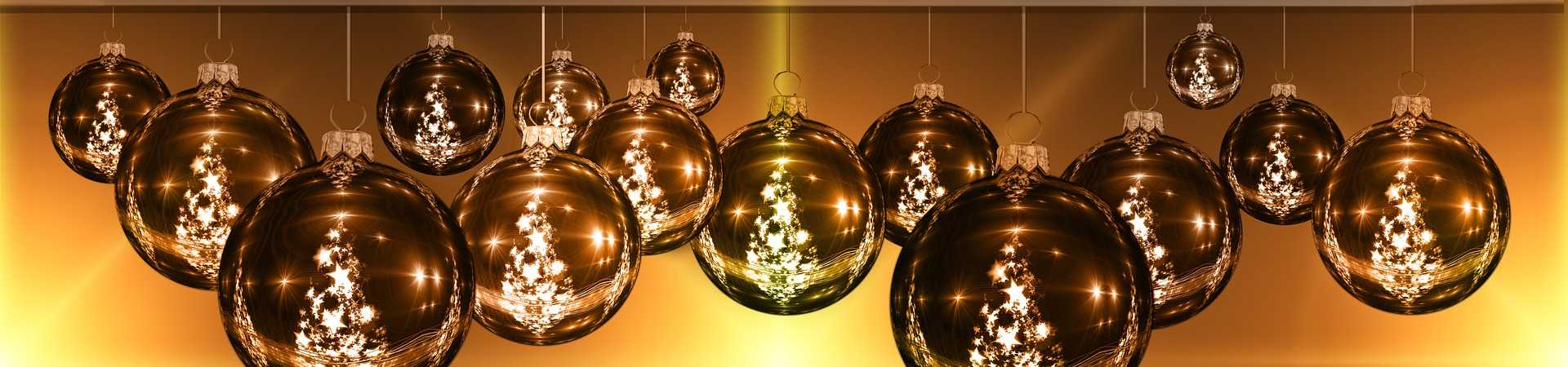 Gold baubles hanging from the ceiling