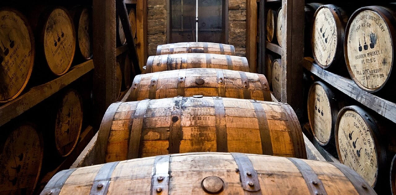 Barrels of whisky in a distillery
